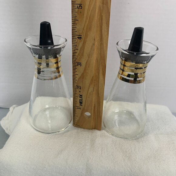 Vintage Pyrex Cruette Bottles Gold Stripes 4.5” Glass USA MCM Oil Vinegar Cruet - Picture 7 of 7